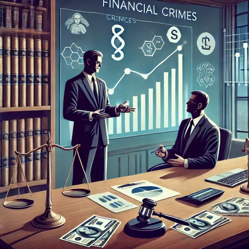 DALL·E 2024-09-16 10.56.49 - An illustration representing financial crimes. The scene shows a lawyer in a formal office, explaining legal documents to a business client. On the de