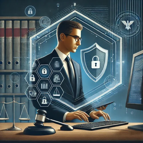 DALL·E 2024-09-16 11.10.24 - A formal yet engaging illustration representing cybercrime and legal defense. The scene includes a lawyer in a modern office, with a serious expressio