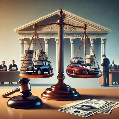 DALL·E 2024-09-17 09.18.00 - A formal illustration representing criminal confiscation in law, with a balanced scale of justice. One side holds a gavel and legal documents, while t