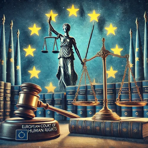 DALL·E 2024-09-18 15.43.42 - An illustration representing the European Court of Human Rights (ECHR) in the context of criminal justice. The scene includes symbols of justice such